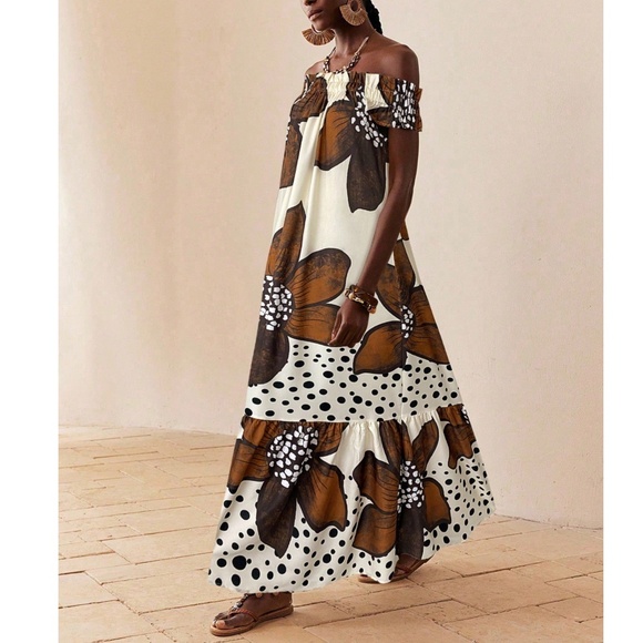 Boho Floral Print Off Shoulder Ruffle Hem Maxi Dress - Picture 3 of 4